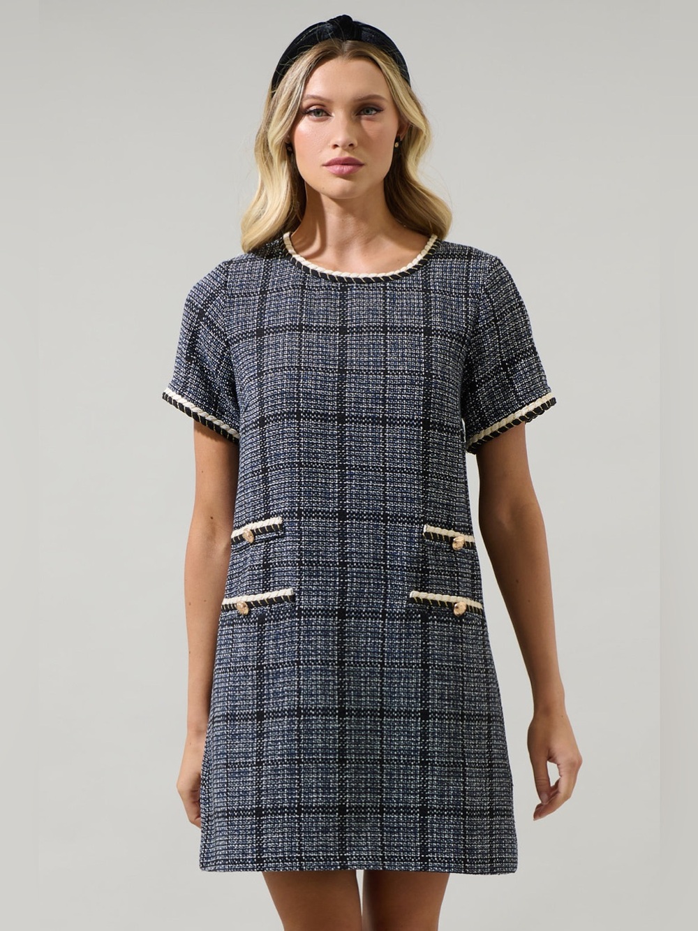 Navy Tweed Shift Dress with Cream Trim